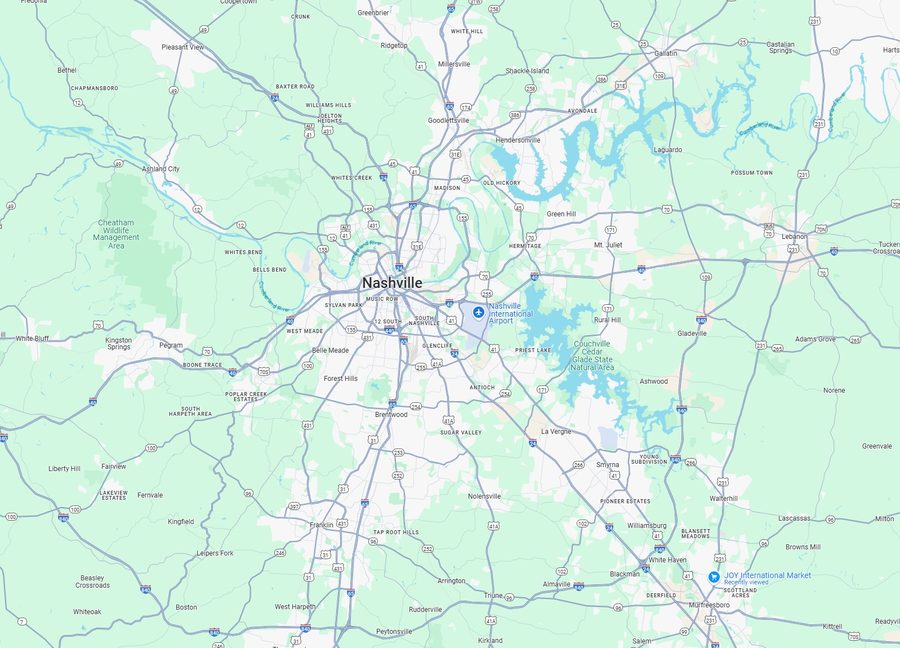 Map showing Top Sign Design's Nashville, Tennessee service area
