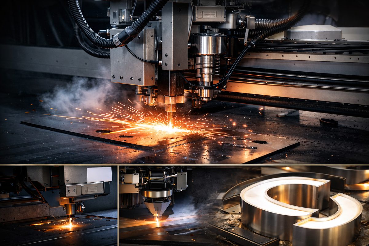 CNC machine cutting metal with sparks during sign fabrication
