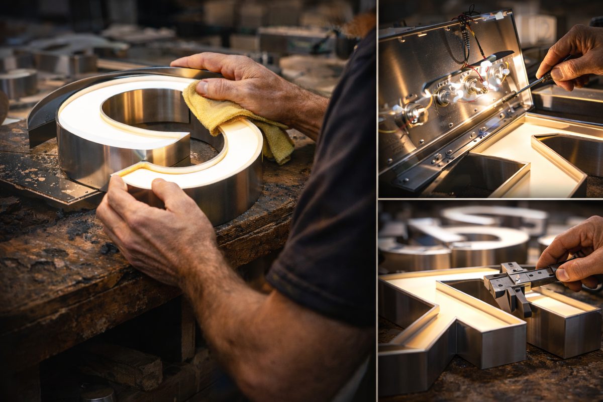 Craftsperson hand-finishing an illuminated metal channel letter