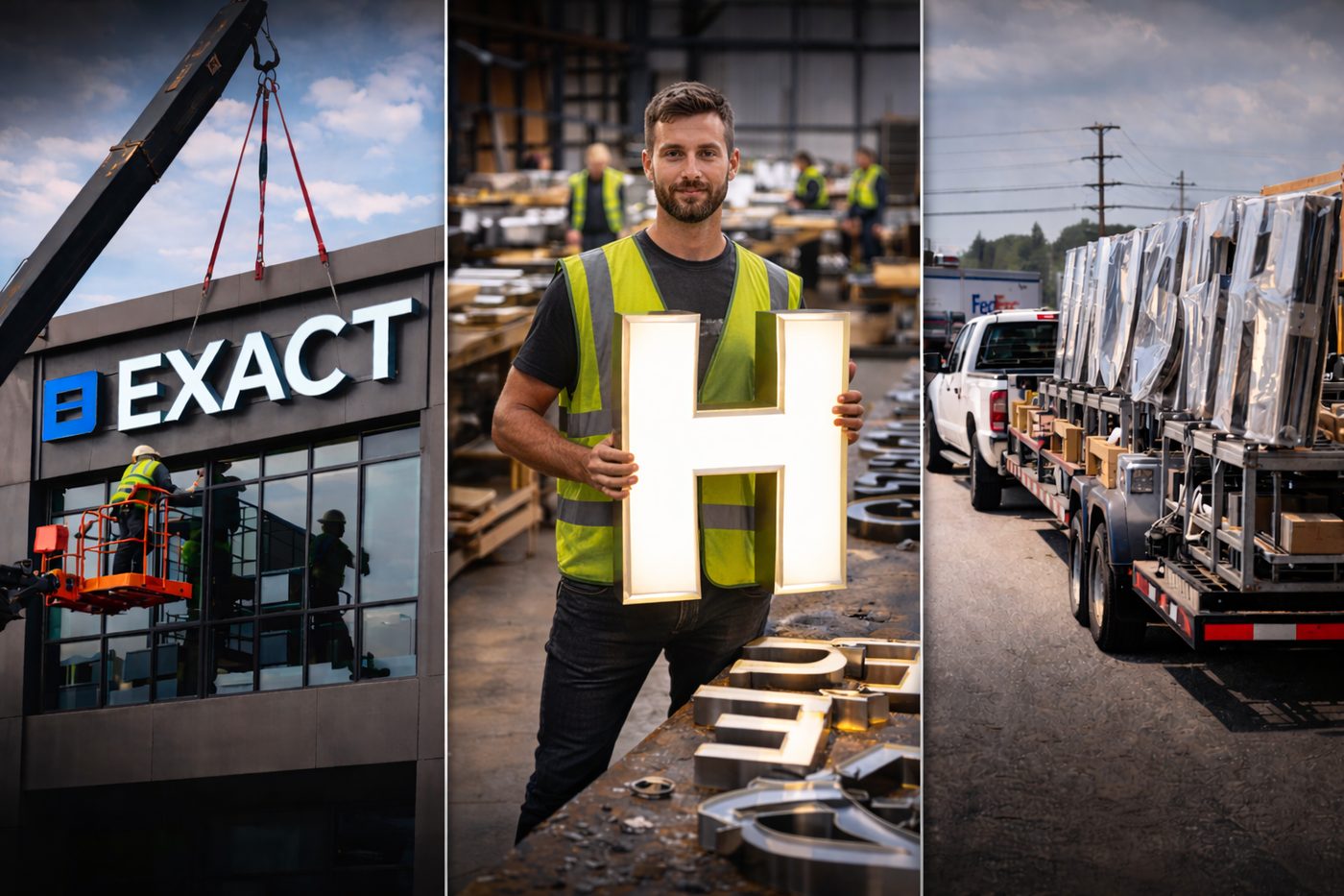 Crew using a lift to install a large illuminated sign on a commercial building