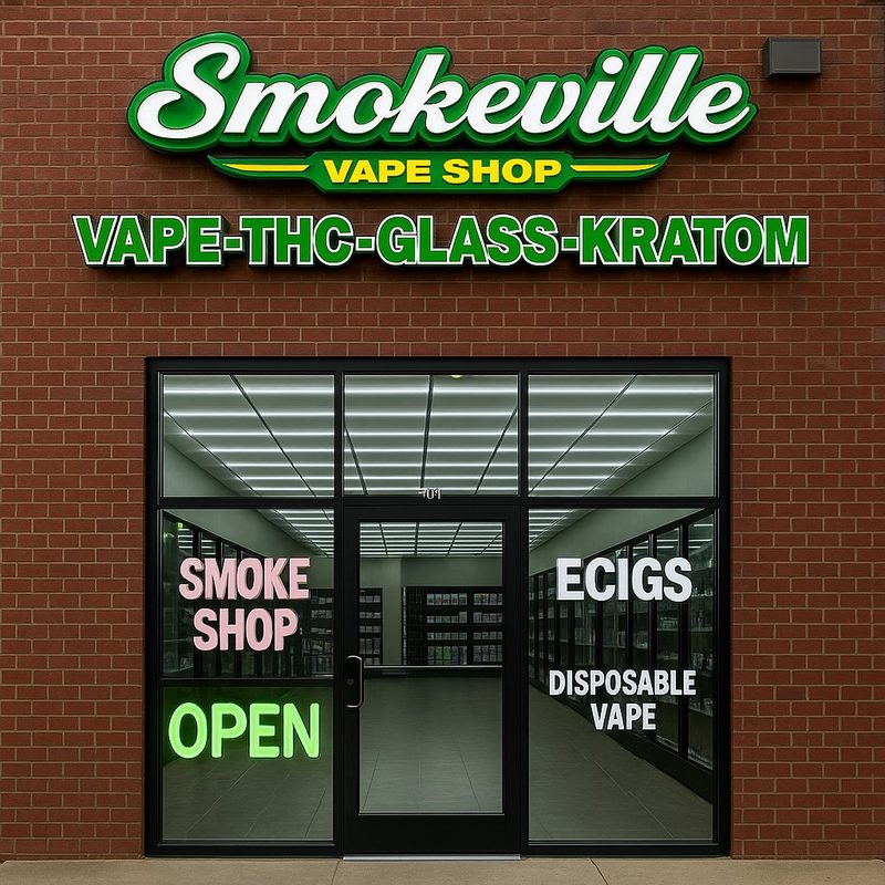 Green and white front-lit channel letters on a brick storefront