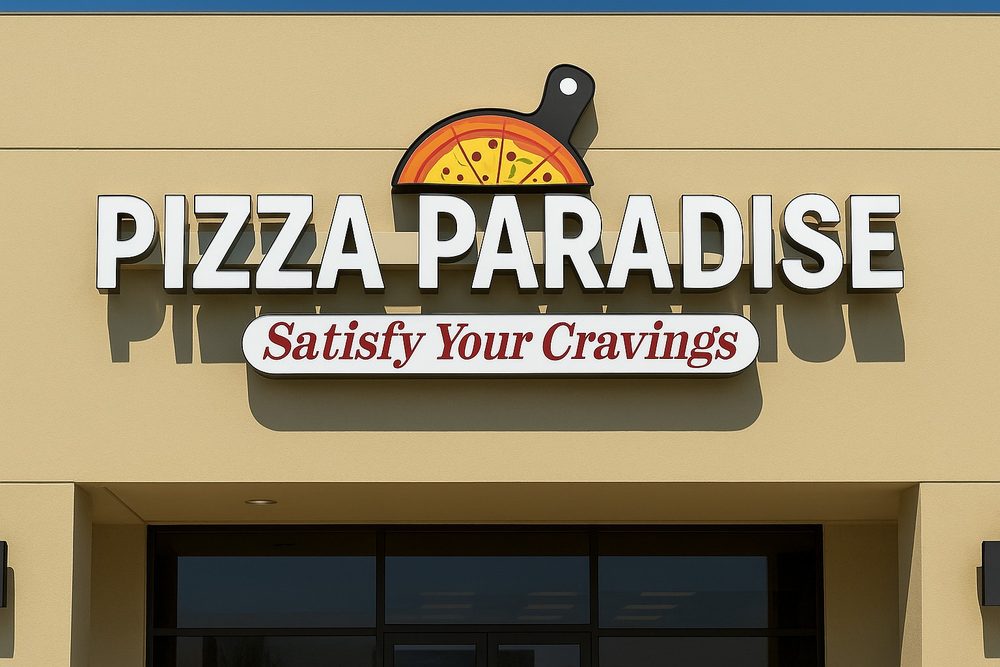 Dimensional letters and a logo cabinet reading Pizza Paradise