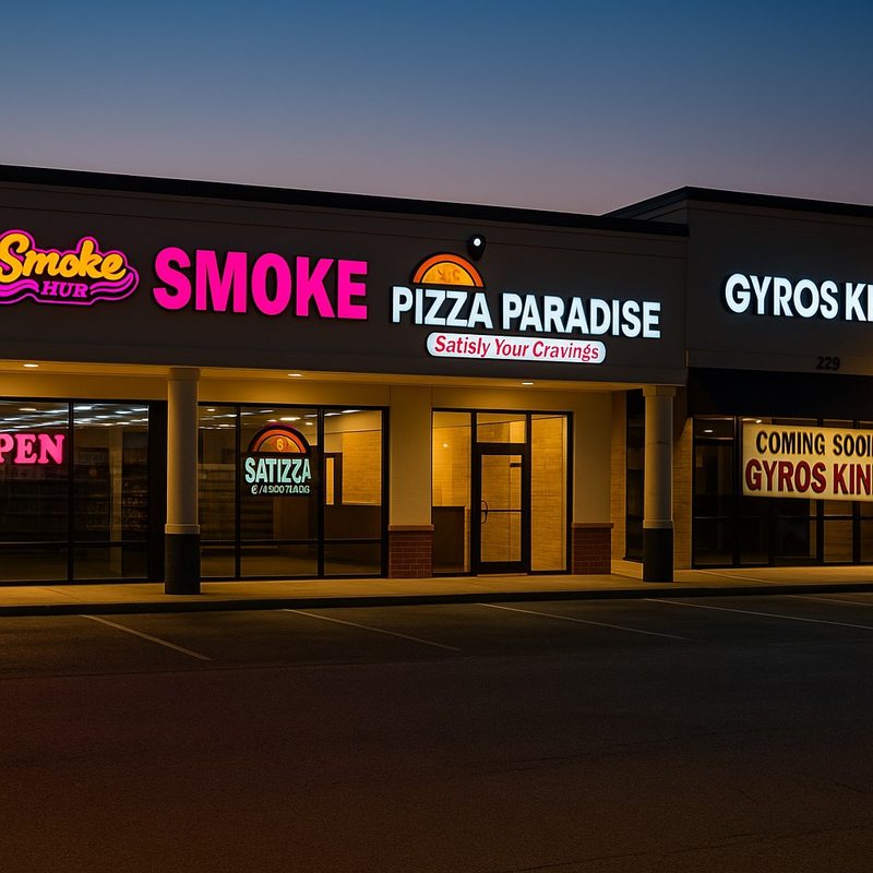 Multi-tenant retail plaza with several illuminated storefront signs at dusk