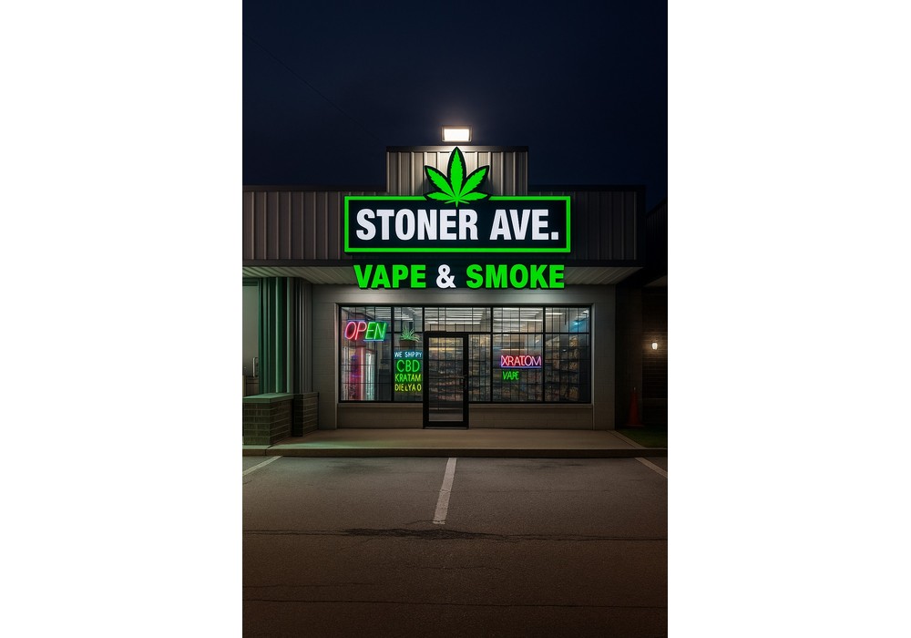 Full storefront sign package with cabinet sign and neon window graphics at dusk